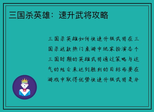 三国杀英雄：速升武将攻略